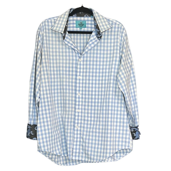 Christian Aujard Blue Check pattern Casual Long Sleeve Shirt Paisley Trim - Picture 2 of 6